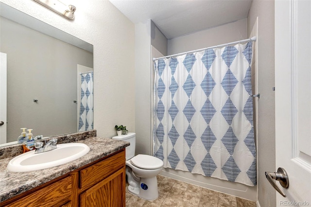 full bathroom with oversized vanity, toilet, shower / bathtub combination with curtain, and tile flooring