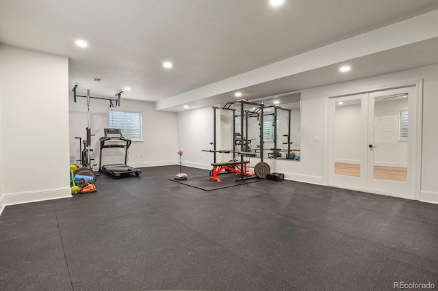 exercise room featuring recessed lighting, french doors, and baseboards