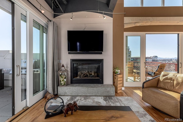 living area with a wealth of natural light, a glass covered fireplace, and wood finished floors