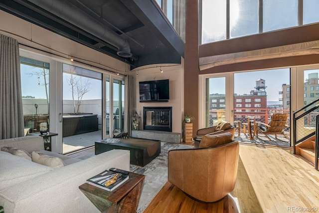 living room with a glass covered fireplace, plenty of natural light, and wood finished floors