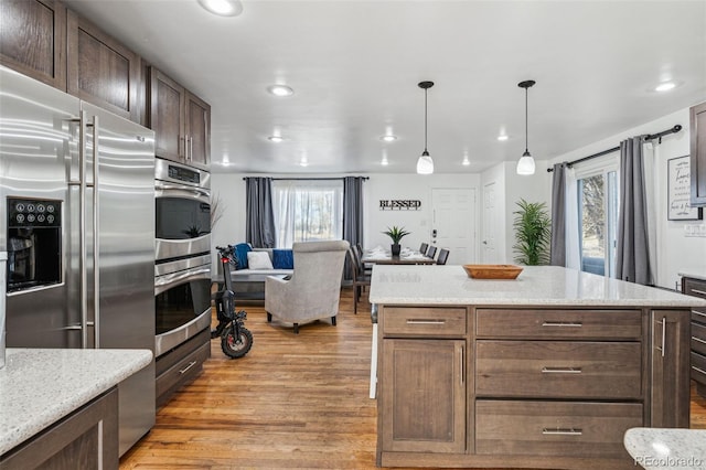 kitchen featuring decorative light fixtures, a wealth of natural light, stainless steel appliances, and light wood-type flooring