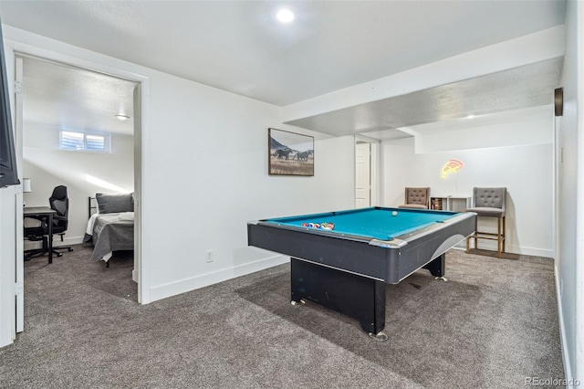 playroom featuring dark colored carpet and pool table