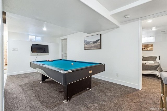 playroom featuring dark carpet and pool table