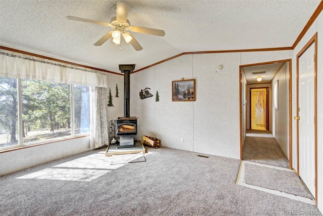 1360 Kiowa Rd, Florissant, CO 80816 - living area featuring a wood stove, vaulted ceiling, carpet floors, a textured ceiling, and crown molding