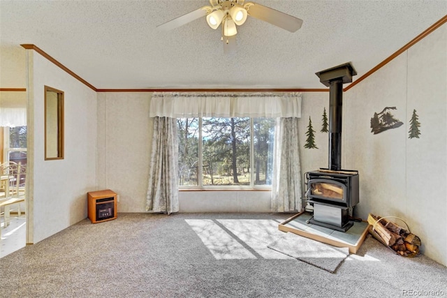 1360 Kiowa Rd, Florissant, CO 80816 - unfurnished living room featuring ornamental molding, a wood stove, a textured ceiling, ceiling fan, and carpet flooring
