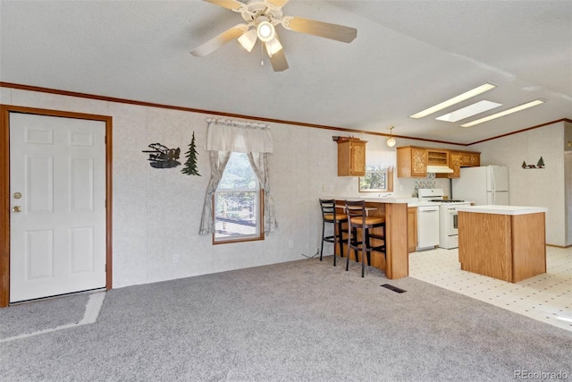 1360 Kiowa Rd, Florissant, CO 80816 - kitchen with white appliances, ornamental molding, light carpet, a skylight, and a breakfast bar