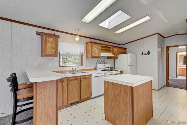 1360 Kiowa Rd, Florissant, CO 80816 - kitchen with white appliances, a sink, light floors, under cabinet range hood, and lofted ceiling