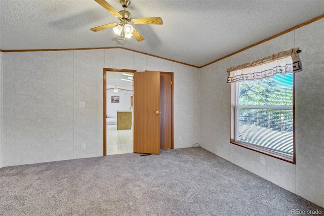 1360 Kiowa Rd, Florissant, CO 80816 - unfurnished room featuring ornamental molding, vaulted ceiling, a ceiling fan, a textured ceiling, and carpet flooring