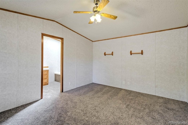 1360 Kiowa Rd, Florissant, CO 80816 - carpeted spare room with crown molding, vaulted ceiling, a ceiling fan, a decorative wall, and a textured ceiling