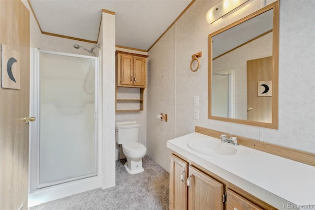 1360 Kiowa Rd, Florissant, CO 80816 - full bath featuring a stall shower, ornamental molding, vanity, and toilet