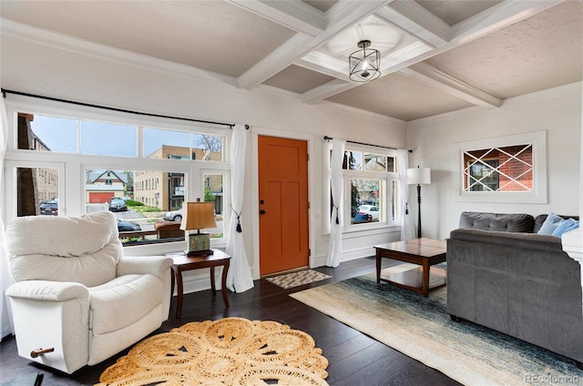 260 N Grant St, Denver, CO 80203 - living room featuring dark wood finished floors, beam ceiling, plenty of natural light, coffered ceiling, and ornamental molding