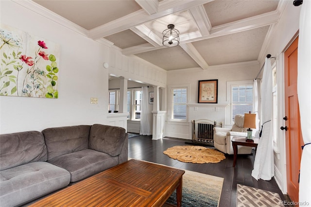 260 N Grant St, Denver, CO 80203 - living room featuring dark wood-style floors, coffered ceiling, beam ceiling, a decorative wall, and ornamental molding