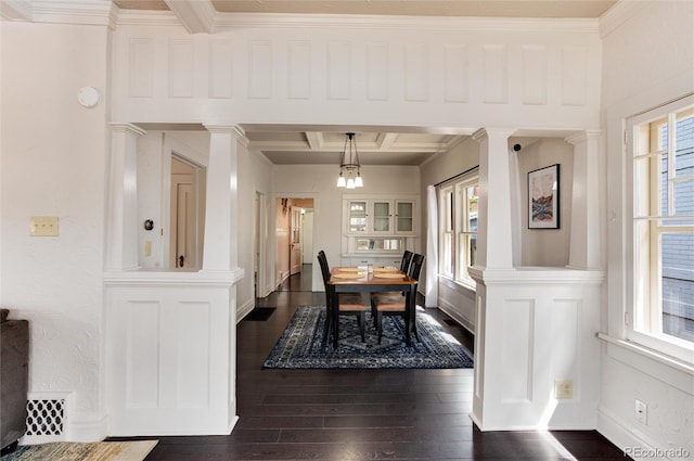 260 N Grant St, Denver, CO 80203 - dining area featuring plenty of natural light, coffered ceiling, dark wood-style flooring, beam ceiling, and ornate columns