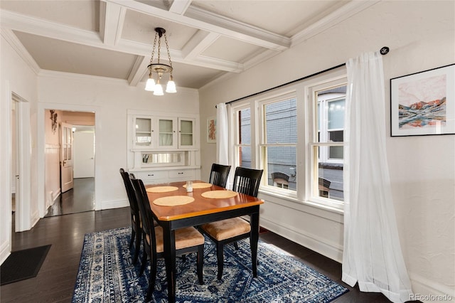 260 N Grant St, Denver, CO 80203 - dining area featuring coffered ceiling, dark wood-style flooring, beam ceiling, crown molding, and a chandelier