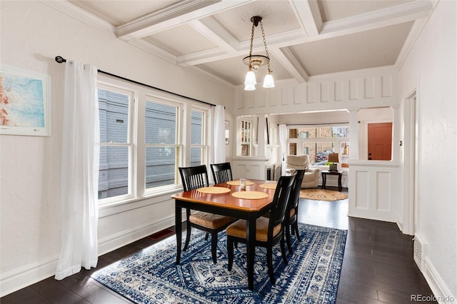 260 N Grant St, Denver, CO 80203 - dining area featuring coffered ceiling, beamed ceiling, dark wood-style floors, and baseboards