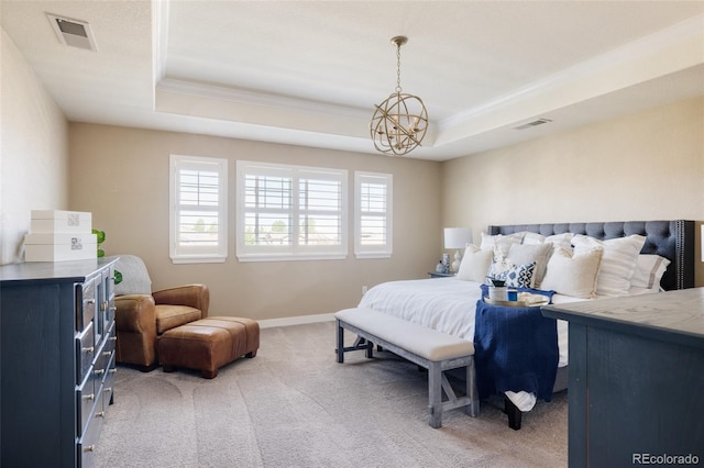 bedroom with a tray ceiling, light colored carpet, crown molding, a chandelier, and baseboards