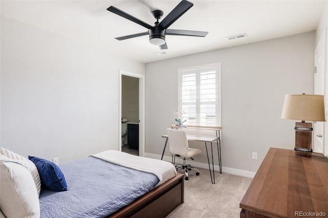 carpeted bedroom with baseboards and a ceiling fan