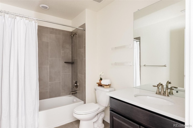 full bath with toilet, shower / tub combo with curtain, vanity, and tile patterned flooring