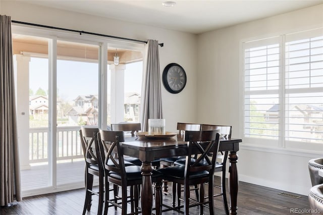 dining room with healthy amount of natural light, dark wood-type flooring, and baseboards