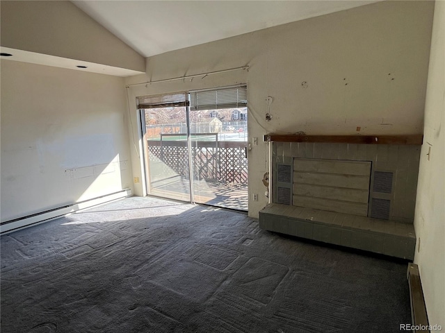 unfurnished living room featuring carpet floors, baseboard heating, a baseboard heating unit, and vaulted ceiling