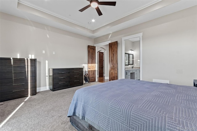 29303 E 165th Ave, Brighton, CO 80603 - carpeted bedroom with ornamental molding, ensuite bath, ceiling fan, and recessed lighting