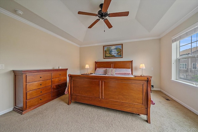6461 S Ider St, Aurora, CO 80016 - bedroom with a tray ceiling, light carpet, crown molding, ceiling fan, and baseboards