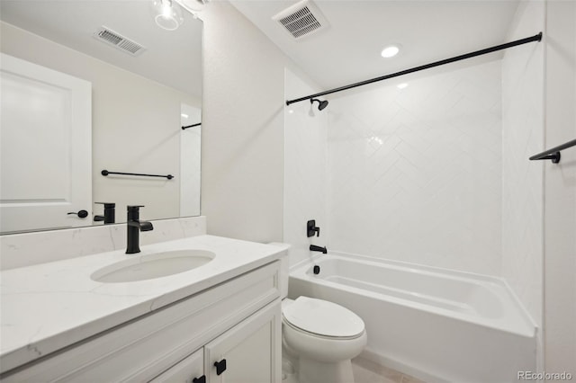 full bathroom with vanity,  shower combination, and toilet