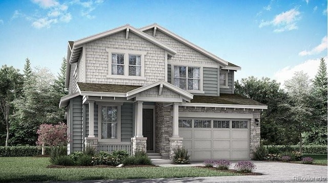 12656 W Frost Ave, Littleton, CO 80127 - craftsman-style house with driveway, a porch, a garage, and stone siding