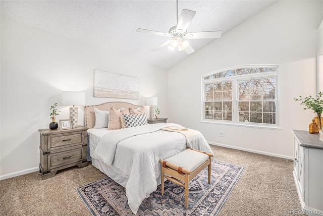 carpeted bedroom with ceiling fan, a textured ceiling, and lofted ceiling