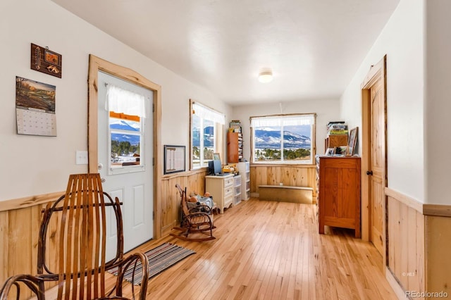 interior space with wood walls and light hardwood / wood-style flooring