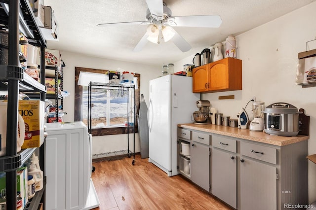 kitchen featuring light wood-type flooring, a textured ceiling, ceiling fan, gray cabinets, and white fridge