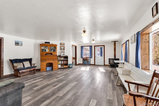 living room with a wood stove, plenty of natural light, and hardwood / wood-style flooring