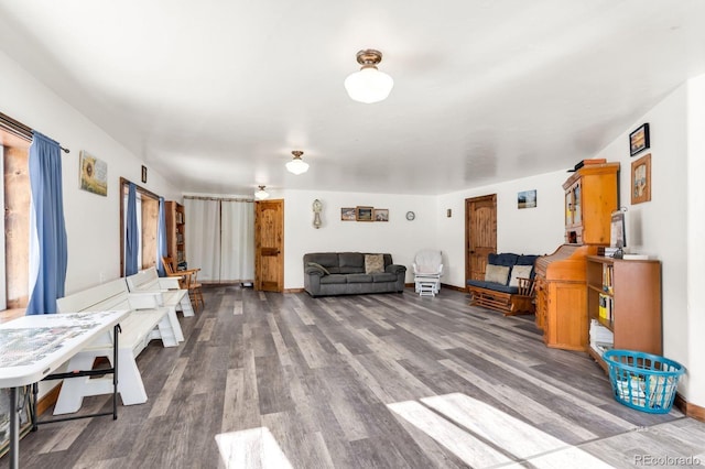 living room with dark hardwood / wood-style flooring