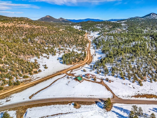 snowy aerial view featuring a mountain view