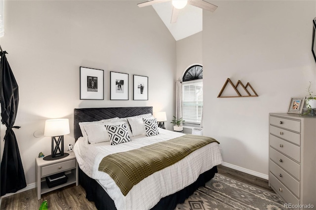 8311 S Upham Way Unit 1-207, Littleton, CO 80128 - bedroom featuring high vaulted ceiling, wood finished floors, and ceiling fan