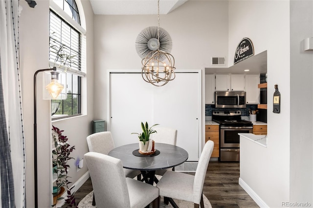 8311 S Upham Way Unit 1-207, Littleton, CO 80128 - dining area featuring a chandelier, a high ceiling, and dark wood-style floors