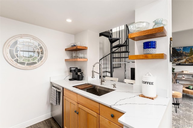 8311 S Upham Way Unit 1-207, Littleton, CO 80128 - kitchen featuring open shelves, stainless steel dishwasher, light stone countertops, wood finished floors, and recessed lighting