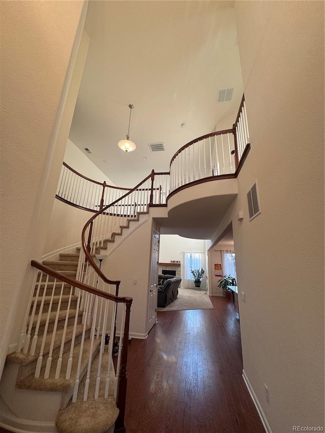 foyer entrance featuring dark hardwood / wood-style floors and a high ceiling