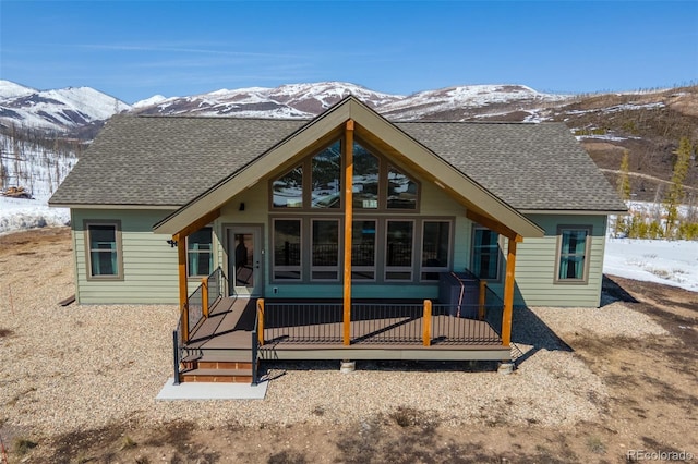 snow covered back of property featuring a shingled roof and a mountain view