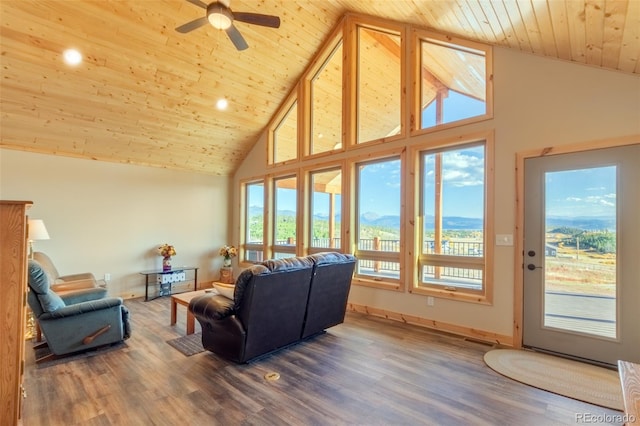 living room with visible vents, baseboards, a ceiling fan, wood ceiling, and high vaulted ceiling