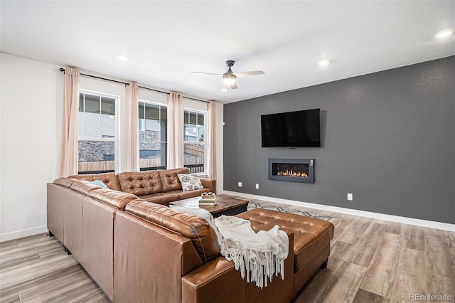 living room with ceiling fan and light hardwood / wood-style flooring