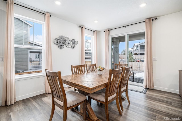 dining space with hardwood / wood-style flooring