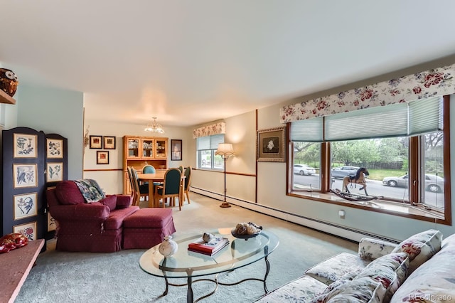carpeted living room featuring a notable chandelier