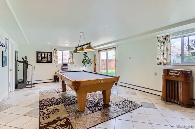 game room featuring pool table, a baseboard radiator, and light tile patterned flooring