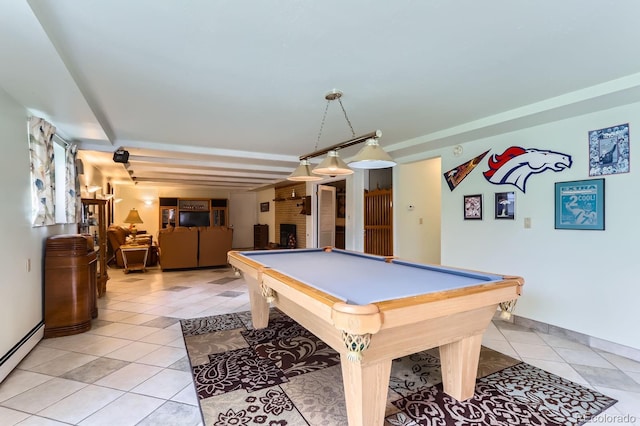 recreation room with light tile patterned floors, billiards, baseboards, and baseboard heating