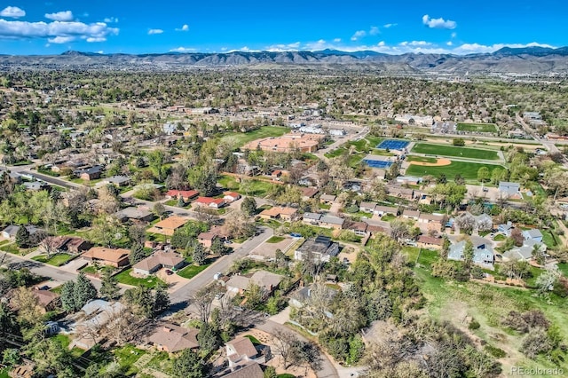 drone / aerial view with a residential view and a mountain view