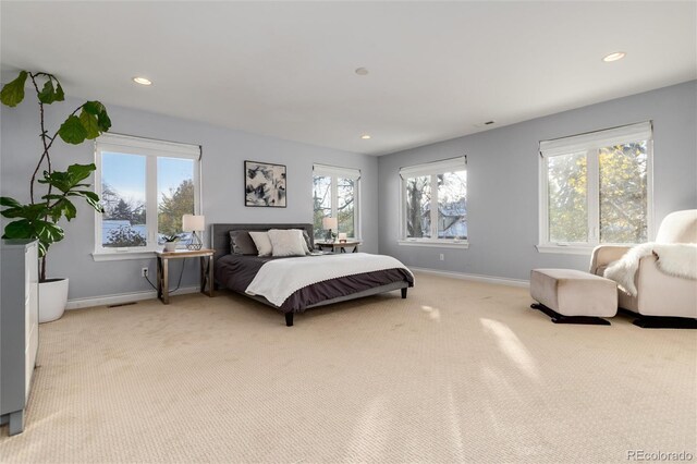 bedroom with light carpet, baseboards, and multiple windows