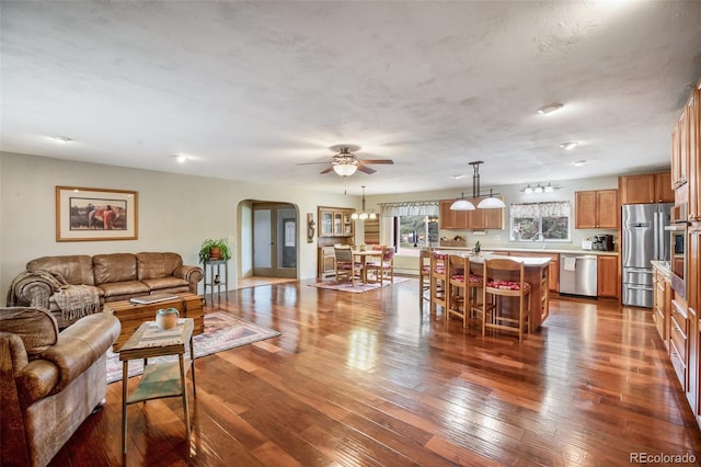 living room featuring ceiling fan, dark wood-type flooring, and sink