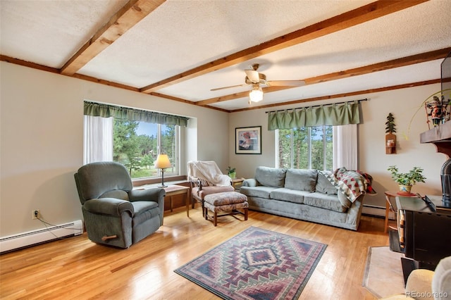 living room with ceiling fan, beamed ceiling, light wood-type flooring, and a healthy amount of sunlight
