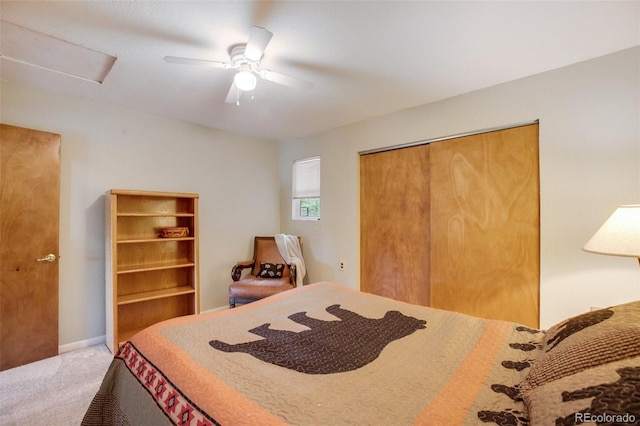 bedroom featuring a closet, carpet, and ceiling fan